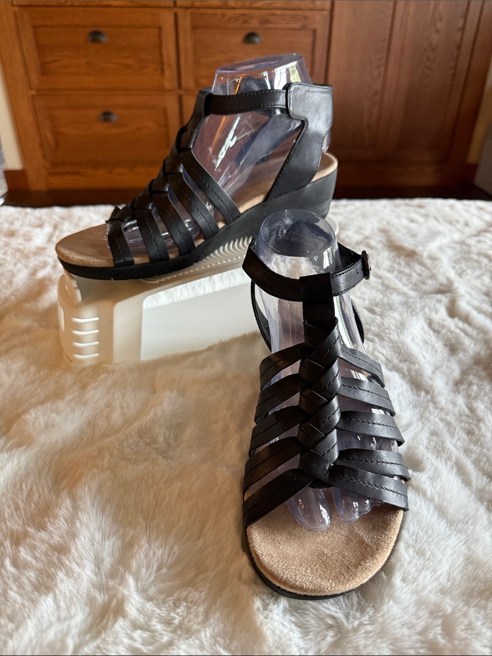 Yuu Women’s Black Strappy Wedge Sandals - Comfort Footbed